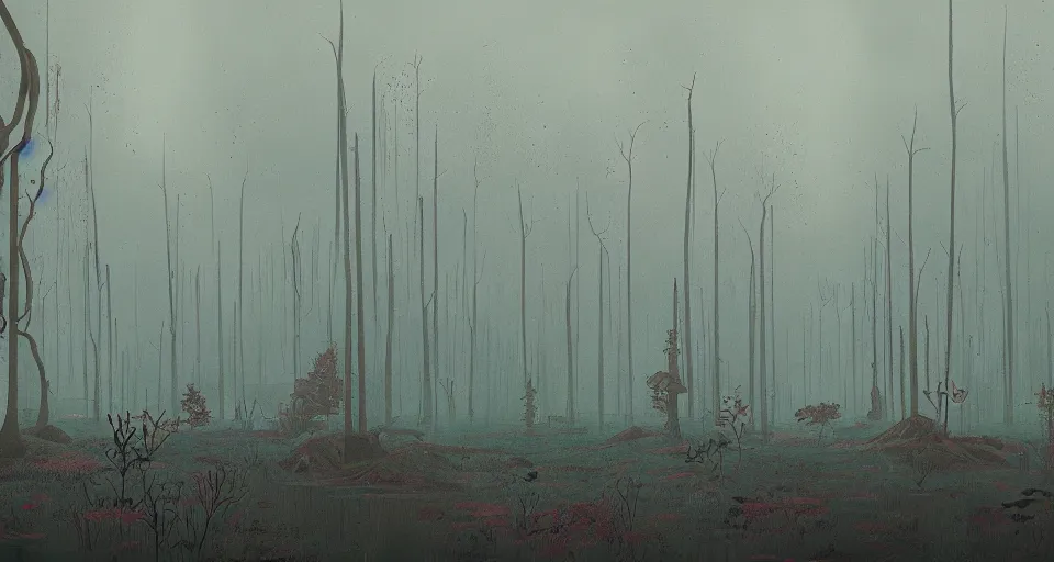 Image similar to An enchanted forest with a swamp, by simon stalenhag