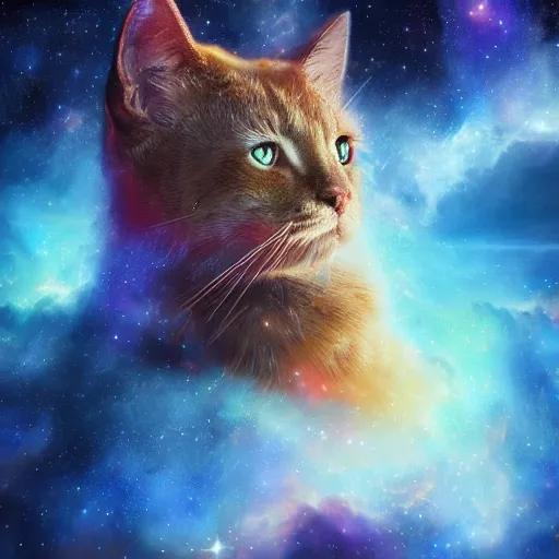 Image similar to all knowing galaxy cat god of the celestial cosmos, trending on artstation, nasa photos, 4 k, hyper realism, high detail, cinematic, cinematic lighting, epic, realistic, fantasy