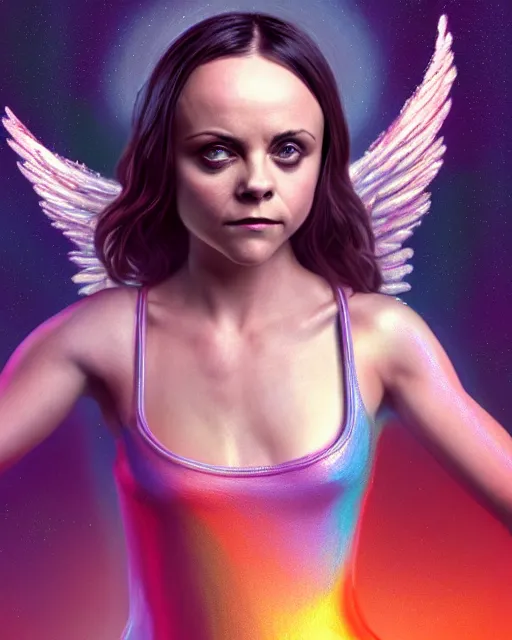 Image similar to Fullbody potrait of christina Ricci as an dancing angel, hyper realistic, prismatic highlights, atmosphere, gorgeous, depth of field, cinematic, macro, concept art, 50mm, artstation, wlop, elegant, epic, weta digital, focus, octane render, v-ray, 8k, kodak portra, art by Liberatore