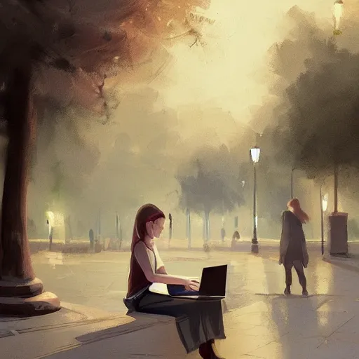 Image similar to a girl working on her laptop, city park, street lighting, dramatic, greg rutkowski, digital painting