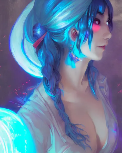 Image similar to pretty girl djing at a rave, blue hair, rem rezero, sharp focus, digital painting, 8 k, concept art, art by wlop, artgerm, greg rutkowski and alphonse mucha