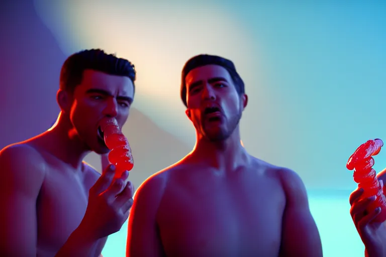 Prompt: two men eating one big gummy worm, rtx, sunlight, many details, octane render, high quality, 8 k