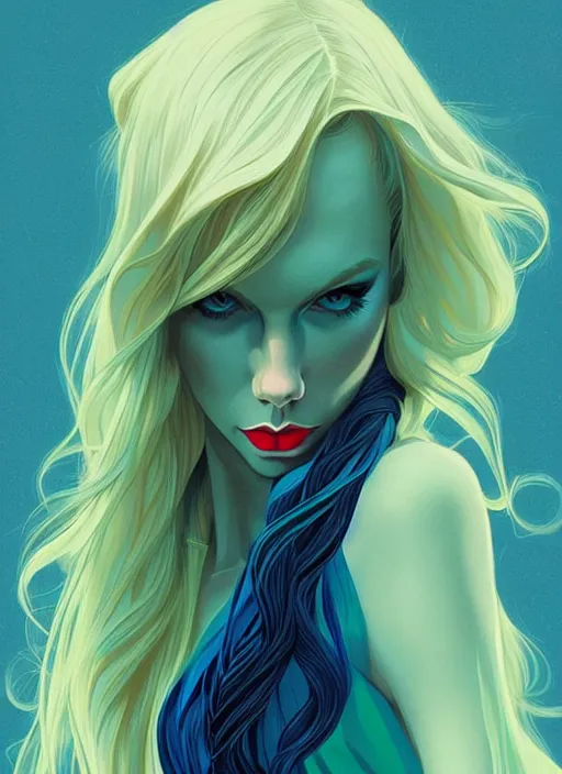 Prompt: style artgerm, joshua middleton, taylor swift with green dress, very long blue hair, swirling, symmetrical face, symmetrical eyes, lovecraftian western gunslinger, cinematic lighting