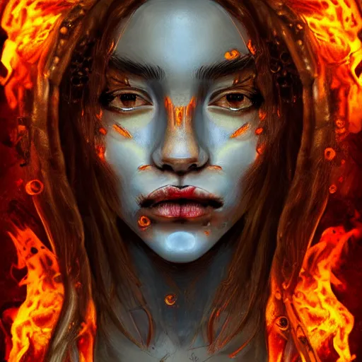 Image similar to artistic drawing of beautiful female face, with skin from flames, hair from flames, eyes from flames, body from flames and everything else made entirely from flames, trending on Artstation