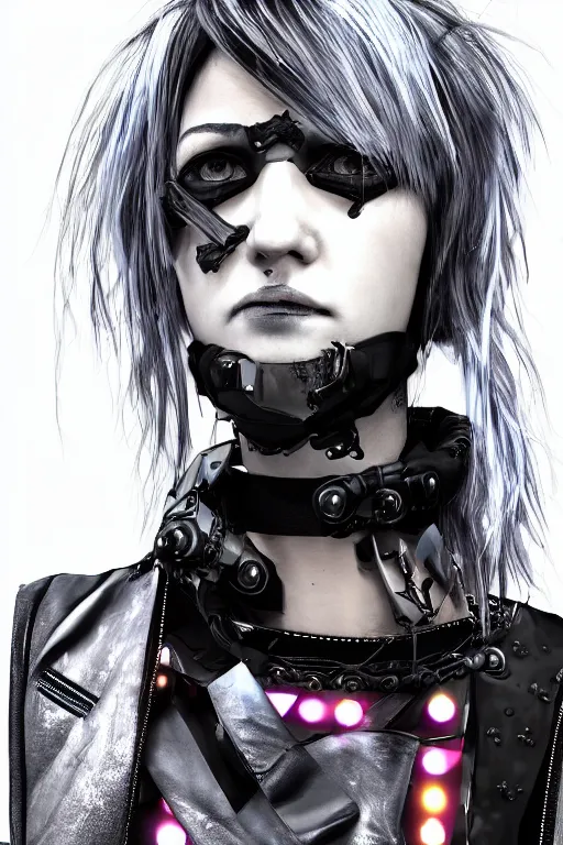 Image similar to detailed realistic female rock star cyberpunk wearing thick technological collar around neck, realistic, art, beautiful, 4K, collar, choker, collar around neck, punk, artstation, detailed, female, woman, choker, cyberpunk, neon, punk, collar, choker, collar around neck, thick collar, tight around neck, punk,