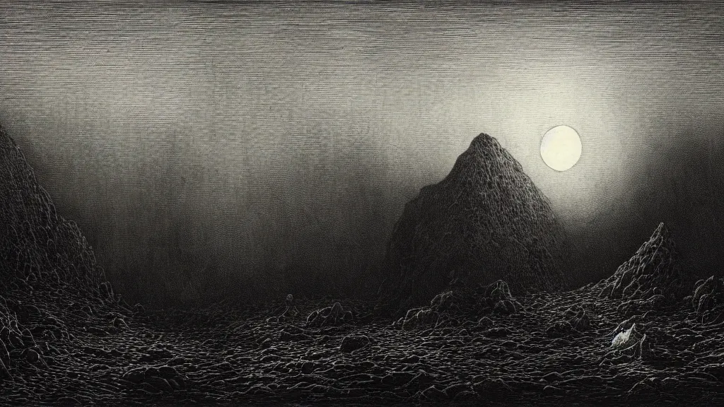 Prompt: the unknown place beyond the sea, ethereal world of dead oceans and burning mountains, under a pale dead moon, pale sands, blues and greys, a lifeless dried husk of a world, folk horror, dramatic dark eerie lighting, horrific surreal nightmare, etching by Gustave Dore, 8k resolution artwork, horror art, eerie, creepy, trending on artstation, painting, elaborate excellent painted illustration, smooth, sharp focus