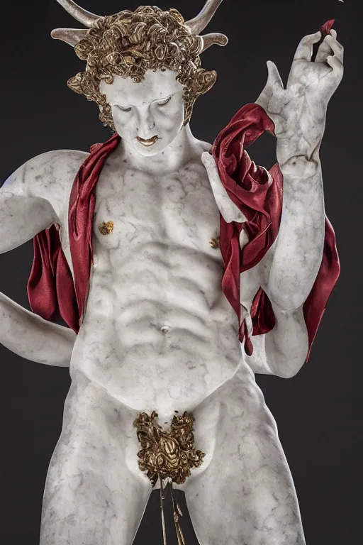 Image similar to a cinematic view of a ornated holy sacred faun statue made by black carrara marble using a old red silk veil and chrome ornaments made by hedi xandt, chris haas and bernini, realistic, macabre art, detailed image, photorealistic, volummetric light