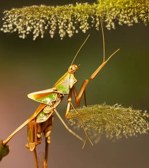 Image similar to super macro photo of a golden mantis on a flower in a forest. dof. bokeh. magical atmosphere. art by greg rutkowski. lifelike. very detailed 8 k. intricate. soft light. nikon d 8 5 0.