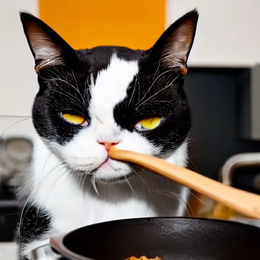 Image similar to photo of black and white exotic shorthair cat cooking a pot of chili in a modern kitchen