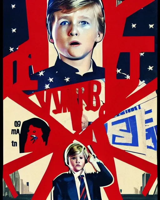 Image similar to 1 9 8 0's movie poster, barron trump is an antifa supersoldier, barron trump, exoskeleton, fan art, dramatic