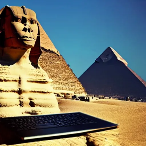 Image similar to Great Sphinx of Giza Sphinx writing code on a laptop for an important project in a corn field beatiful digital art