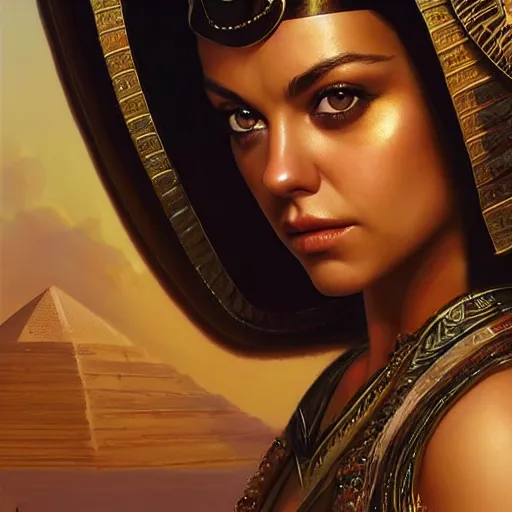 Image similar to a closeup portrait of a young mila kunis as cleopatra, gorgeous view, pyramid background, dramatic lighting, painted by artgerm, painted by greg rutkowski, digital art, trending on artstation