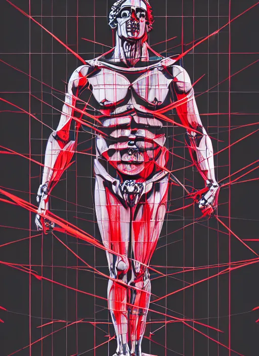 Image similar to black background, statue of hercules, ( ( ( skeleton ) ) ), grey, thin lines, dark, red grid, glitch art, neo vaporwave, gritty, movie poster, layout design, trending on artstation