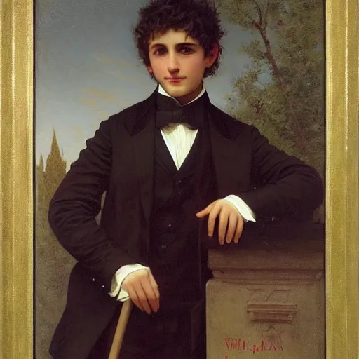 Prompt: detailed portrait painting of gentleman elf wearing brown tuxedo by William-Adolphe Bouguereau