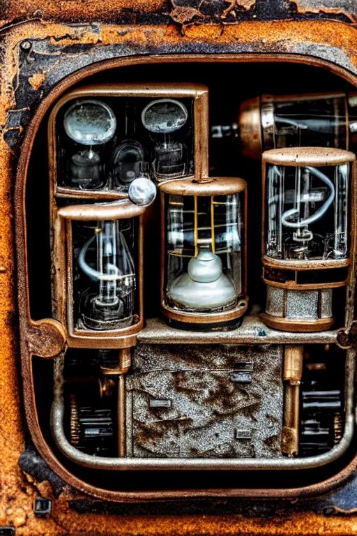 Prompt: A photo of a very old opened camera with vacuum tubes, film, capacitors and coils inside by Annie Lebovitz, Laura Letinsky and Steve McCurry, grungy, weathered Ultra detailed, hyper realistic, 4k