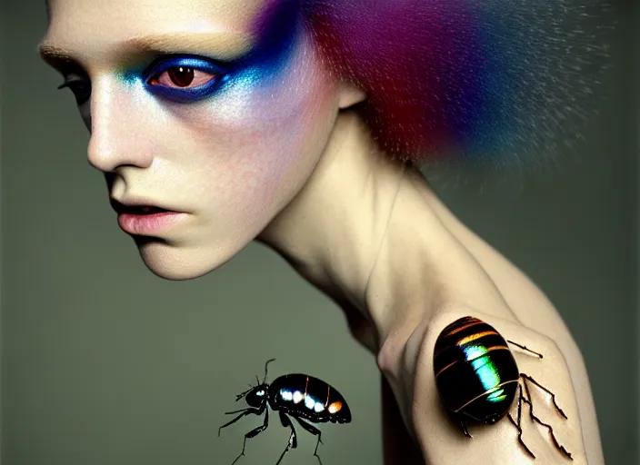 Image similar to Kodak Portra 400, 8K, soft light, volumetric lighting, highly detailed, britt marling style 3/4 , fine art portrait photography by Paolo Roversi, face and body merging with iridescent beetle, symbolic metamorphosis complex 3d render , 150 mm lens, art nouveau fashion embroidered,bust with intricate fractal details, elegant, hyper realistic, ultra detailed, octane render, underwater soft colours, emotionally evoking, head in focus, fantasy, elegant, soft blur background, volumetric lighting, highly detailed, Refined, Highly Detailed, soft lighting colors scheme, fine art photography, Hyper realistic, photo realistic