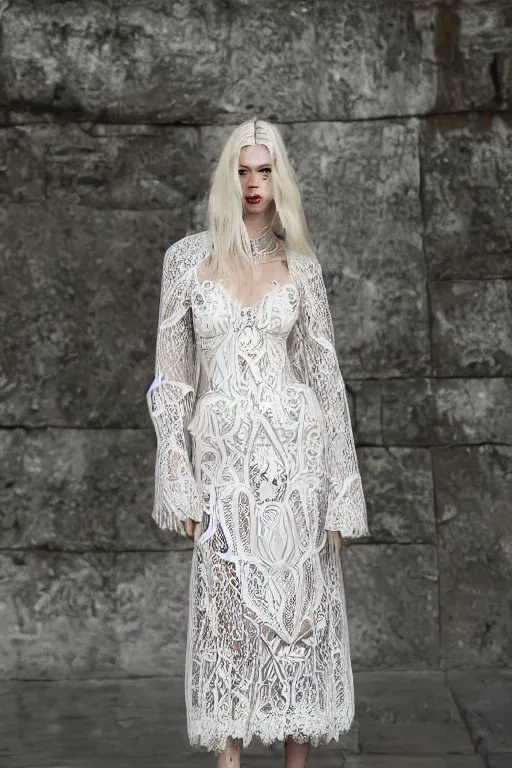 Prompt: antediluvian crystal atlantean hyperborean avant garde fashion lace dress with natural pattern motifs, young white - blonde model, sharp focus, outdoors, godray lighting