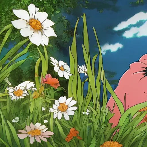 Prompt: creature sitting at the flower made by studio ghibli, detail, high quality, detailed creature, beautiful scene, smooth