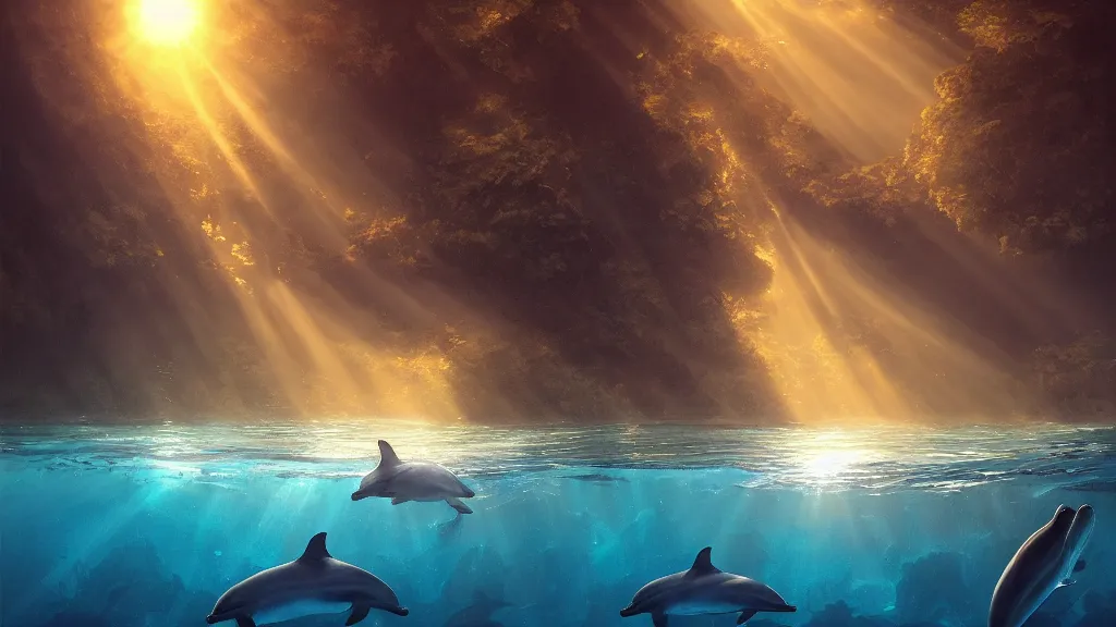 Image similar to underwater, sun rays shining through the water surface, dolphins swimming, peaceful, amazing, by andreas rocha and john howe, and Martin Johnson Heade, featured on artstation, featured on behance, golden ratio, ultrawide angle, f32, well composed