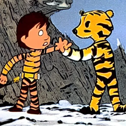 Prompt: a still of calvin an hobbes in star wars a new hope ( 1 9 7 7 )