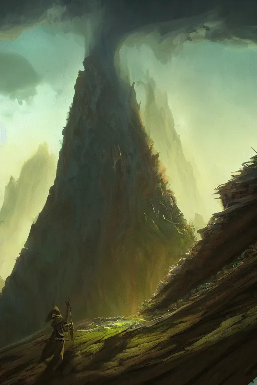 Image similar to cliff of the mire, art by paul wenzel and matt fox and j. p. targete, trending on artstation, dramatic lighting low angle view sacred geometry, oil and canvas, epic fantasy, strong colors, line drawing