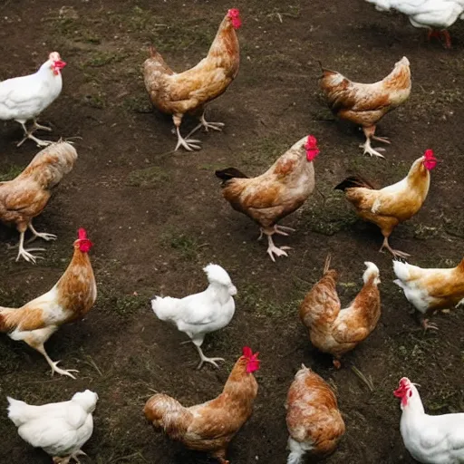 Image similar to photo of a chicken with no head stand in a farm with other regular chickens, higly detailed, 8 k, photorealistic