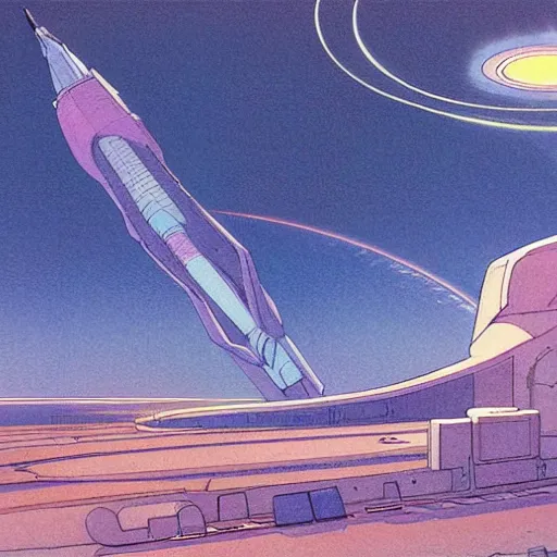 Prompt: [ illustration of a spaceport ] [ gauche watercolour soft beautiful colours ] [ moebius, science fiction art ]