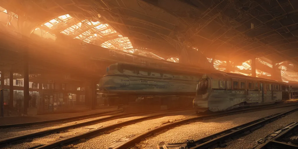 Image similar to futuristic steampunk train in railstation, stunning volumetric lighting, sundown, trending on Artstation, 8k, photorealistic, hyper detailed, unreal engine 5, cinematic, epic lighting, cryengine, octane render, cyberpunk, red and orange glow