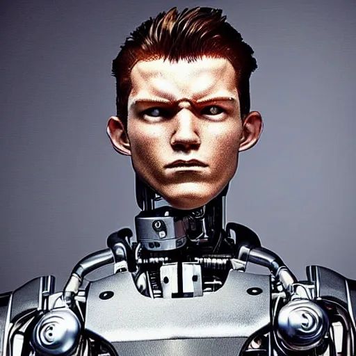 Image similar to “a realistic detailed photo of a guy who is the terminator robot, a cyborg consisting of living tissue over a robotic endoskeleton, who is a male android, Tom Holland, posing like a statue, blank stare”