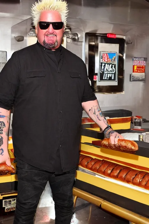 Prompt: guy fieri, dimly lit, stands in a hallway, cradling a guinness world record hot dog