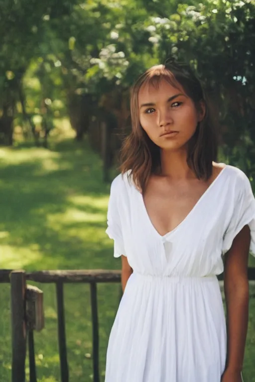 Prompt: a tanned woman in a white summer dress, looking at camera, wide brown eyes by a fence