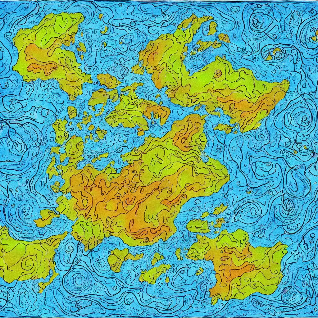 Image similar to fantasy map, art by allixander maps, acrylic drawing, fantasy, world, bright, clear, simple, sharpened