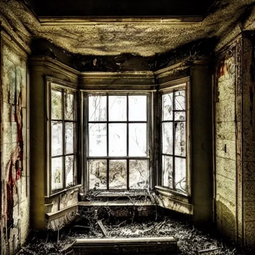 Prompt: outside an abandoned mansion, ghost peeking outside of a window, night time, broken windows