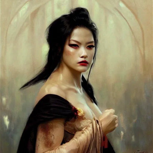Image similar to detailed cinematic wide shot of beautiful attractive asian vampire woman slim face symettrical face clean skin black eyes black robe smooth, sharp focus, ultra realistic, spring light, painting by gaston bussiere, craig mullins, j. c. leyendecker