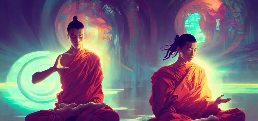 Image similar to a floating monk meditating, channeling swirling energy, wearing cyberpunk clothing, vaporwave aesthetic, colorful, psychedelic, digital painting, artstation, concept art, smooth, sharp focus, illustration, art by artgerm and greg rutkowski and alphonse mucha