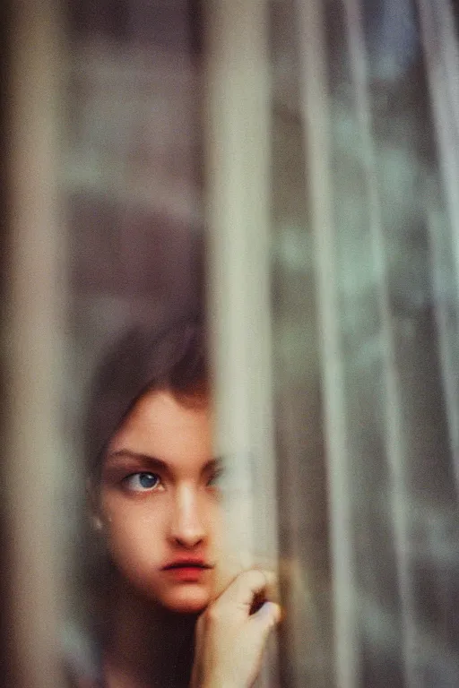 Image similar to kodak portra 4 0 0 photograph of a person looking out through their window, eyes, beautiful eyes, stunning eyes, close up, telephoto, faded effect, grain,