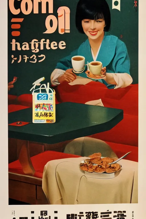 Image similar to coffee advertisment, still life, 1 9 7 0 s japan shouwa advertisement, print, nostalgic