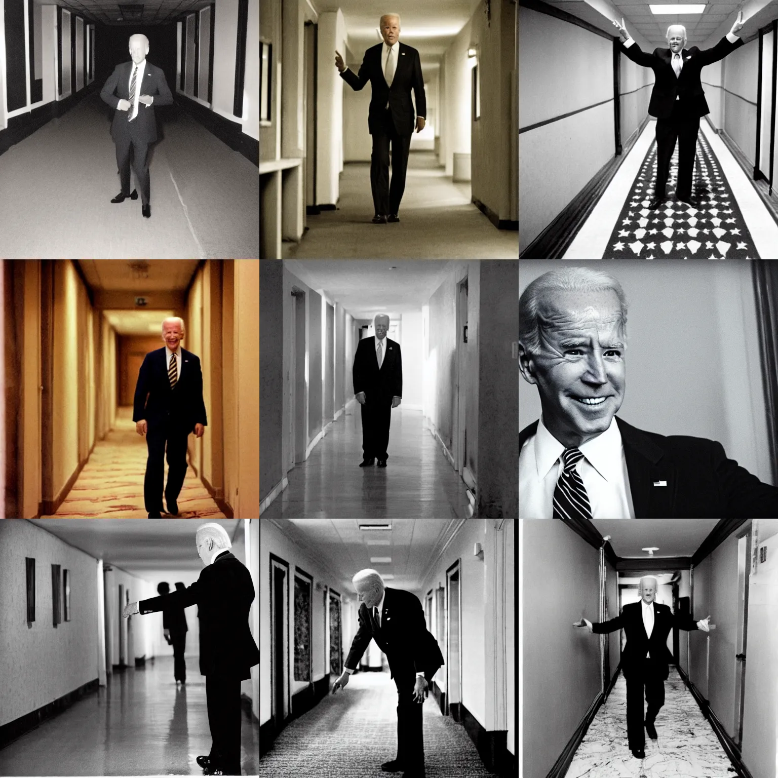 Prompt: joe biden does a tpose at the end of a moldy hotel hallway, cursed image, 3 5 mm film, dark aura