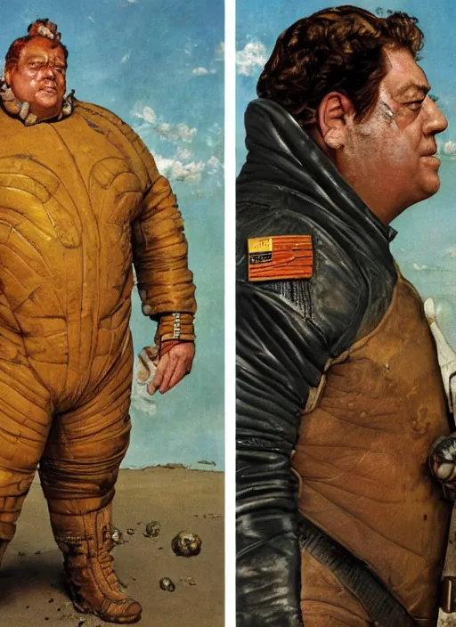 Prompt: full body and head portrait of javier bardem as baron vladimir harkonnen in dune 1982 wearing tattered stained a leather space suit, by norman rockwell and jason fabok and tom lovell and frank schoonover and dean cornwell