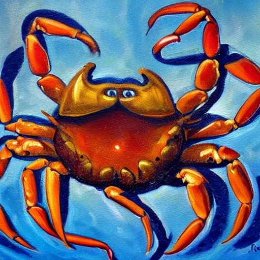 Prompt: A oil painting of an ancient crab deity devouring souls, dark, gruesome, mysterious frightening