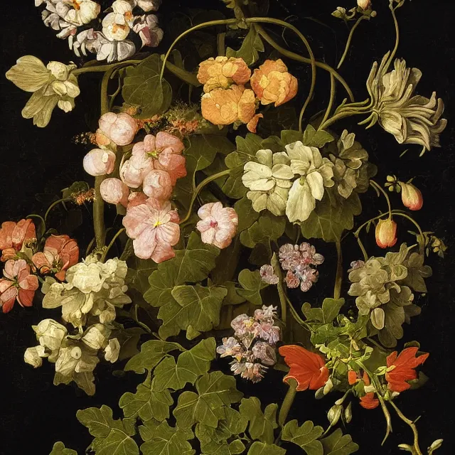 Image similar to flowers and ivy in a garden at night, a flemish baroque painting by jan van kessel the younger, black background, intricate high detail masterpiece