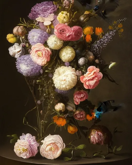 Image similar to still - life of bouquet of lilac and ranunculus with honeycomb bees and birds feathers, rachel ruysch, dark, moody