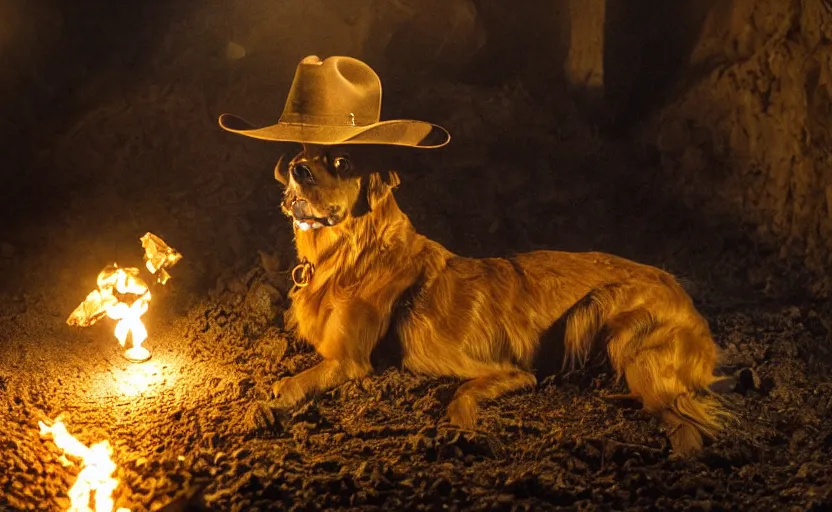 Image similar to a dirty golden retriever in a dark mine wearing a wild west hat and jacket with large piles of gold nuggets nearby, dim moody lighting, wooden supports, wall torches, cinematic style photograph