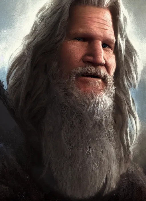 Prompt: A fantasy comic book style portrait painting of Jeff Bridges as a wizard in atmospheric dark castle setting, unreal 5, DAZ, hyperrealistic, octane render, RPG portrait, dynamic lighting