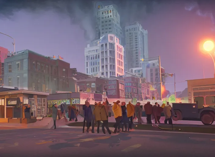 Prompt: crowd of working citizens carrying daily routines on the backdrop of multiple missile warheads explosions destroying residential buildings, DSLR 35mm, by Edward Hopper and Dan Mumford and WLOP, Unreal Engine 5, Lumen, Nanite