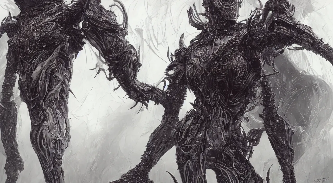 Prompt: symmetrical character design, a full - body female insect queen size creature with bio armor from guyver the bioboosted armor, elegant shape, cyborg, translucence armor, prefect face, elite, horror, ominous, cinematic, concept design, matt painting, insanely intricate and detailed, cgsociety, hyperrealistic, darksouls, bloodborne, ross tran.