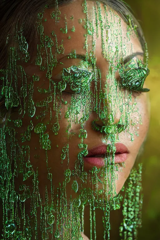 Prompt: mid shot of a regal brown woman wearing an intricate and detailed armor made of dew drops. woman is standing in a lush green forest. multiple layers. reflections. morning dew. textures. delicate. translucent. extremely coherent. studio portrait. photorealistic. octane render