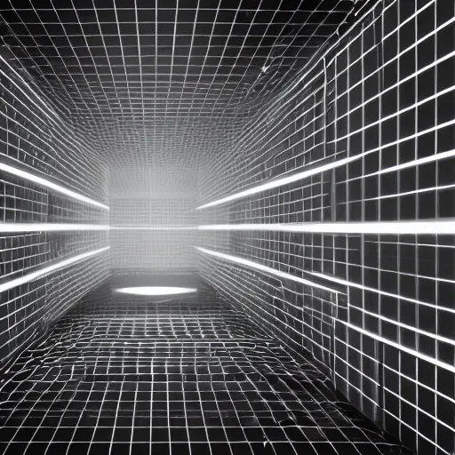 Image similar to inside of blank dark without light endless cube with black walls and white neon contours. Realistic Concept Art