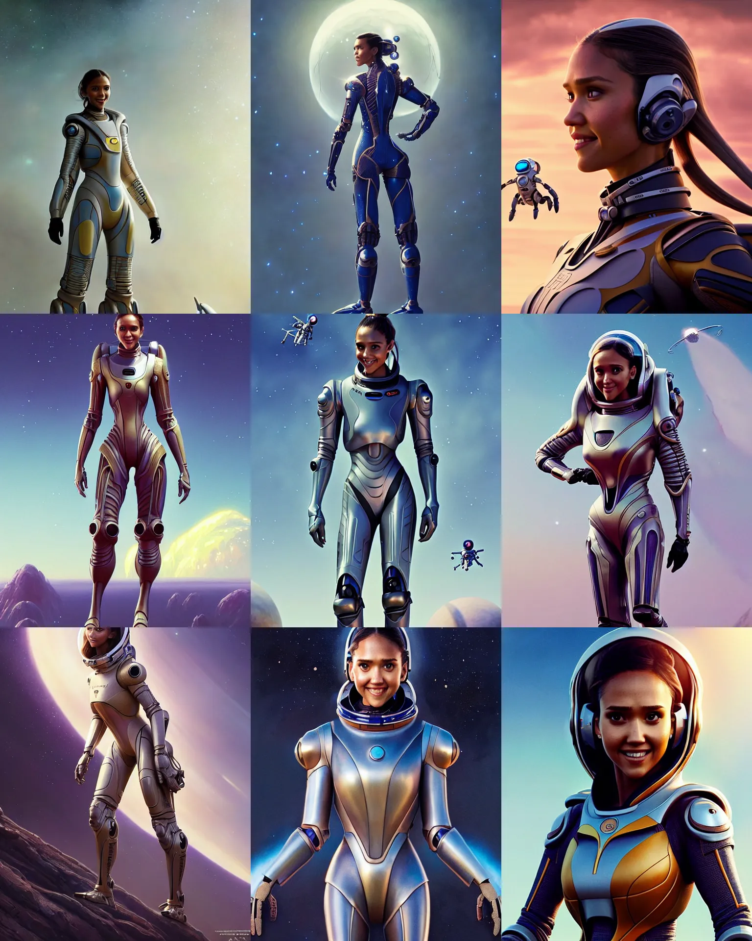 Prompt: weta disney pixar movie still portrait photo of jessica alba wearing elaborate sci - fi spacesuit : : by weta, greg rutkowski, wlop, ilya kuvshinov, rossdraws, artgerm, annie leibovitz, alphonse mucha, ue 5, trending on artstation, octane, volumetric lighting : :