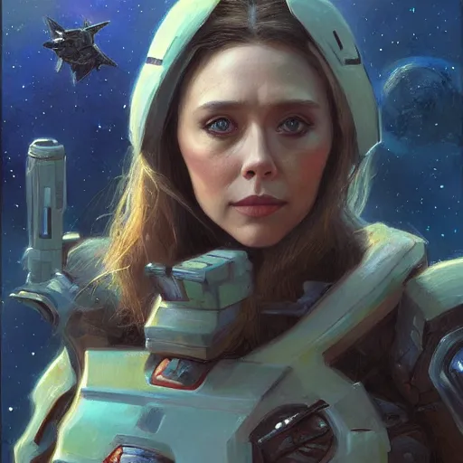 Image similar to Elizabeth Olsen as a space sci-fi soldier, closeup character art by Donato Giancola, Craig Mullins, digital art, trending on artstation